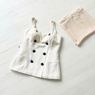 1990s Gianfranco Ferre White Tuxedo Top with Pearl Straps and Matching Scarf 