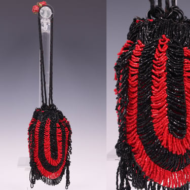 Vintage 1920's Black & Red Beaded Flapper Handbag • 20's Deco Drawstring Purse 