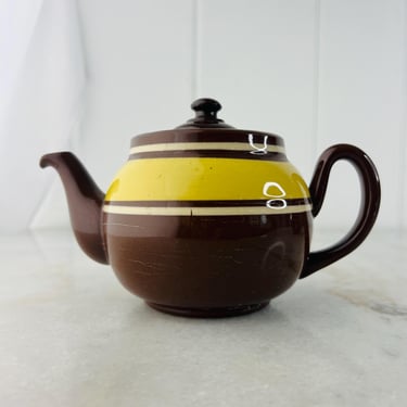 Antique ALB Alcock Lindley Bloore 2 cup 1920s Teapot Brown Betty, yellow white stripes, English, kitchen decor serving tea collection, gift 