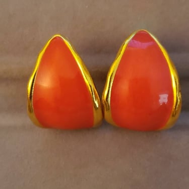 Trifari orange and gold enamel hoop earrings  pierced earrings Summertime Jewelry 