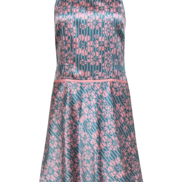 Ted Baker - Teal & Pink Floral Satin A-Line Dress Sz 6
