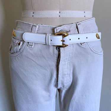 Vintage White Leather Belt with Shell Trim 