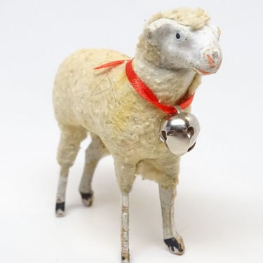 Antique 1930's German 3 1/2 Inch Wooly Sheep with Bell, for Christmas Putz Nativity 