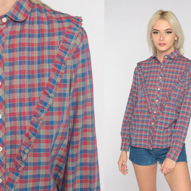 Plaid Blouse 80s Ruffle Shirt Checkered Button Up Top Red Blue Long Sleeve Blouse Retro Boho Western Rockabilly Yoke Vintage 1980s Medium 