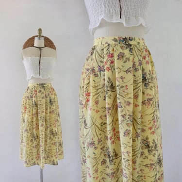 botanical midi skirt - 31 waist - vintage 90s y2k cute cottage cottagecore floral large yellow cute long skirt 