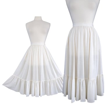 Vintage White Peasant Skirt, Extra Small, Gauzy Flared Midi Skirt with Pockets 