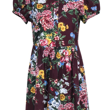 See by Chloe - Maroon Multicolor Floral Print Short Puff Sleeve Dress Sz 6