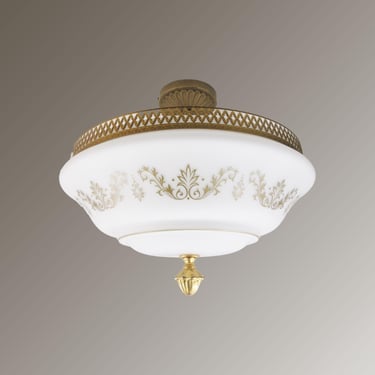 Semi Flush Mount Ceiling Light - 1970's White Shade with Elegant Gold Design - Paired with Custom Antique Brass Fixture - Three Bulb 