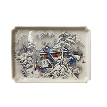 Distressed Off White Porcelain Snow Trees House Rectangular Display Plate ws3198E 