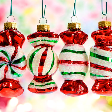 VINTAGE: 4pcs - Candy Glass Ornaments - Blown Figural Glass Ornaments - Hand Painted Ornaments - Glittered Ornament - SKU 22-D-00034925 