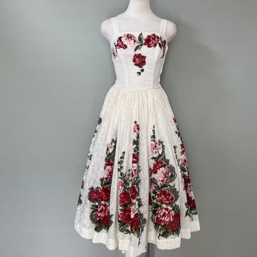 1950s Vintage Valentine's Day Rose Print Ivory Bridesmaid Evening Gown Dress 