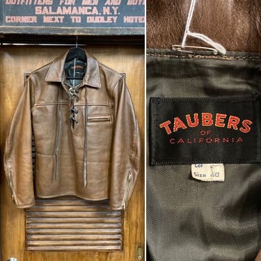 Vintage 1960’s “Taubers” Brown Motorcycle MC Mod Lace-Up Pullover Leather Jacket, 60’s Vintage Clothing 