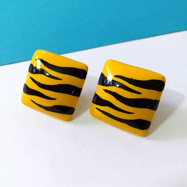 Iconic Vintage 80s 90s Yellow & Black Tiger Print Square Statement Earrings 