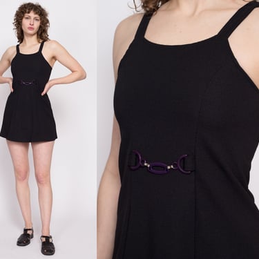 XS| 90s Y2K Black Buckle Front Micro Mini Dress - Petite XS | Vintage Beach Goth Sleeveless Tank Dress 