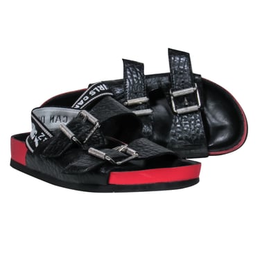 Zadig & Voltaire - Black & Red Reptile Embossed Leather Slide Sandals Sz 6