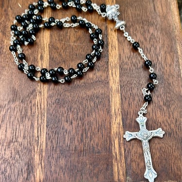 Black Glass Faceted Beaded Rosary Prayer Beads Vintage Retro Religious Jewelry 