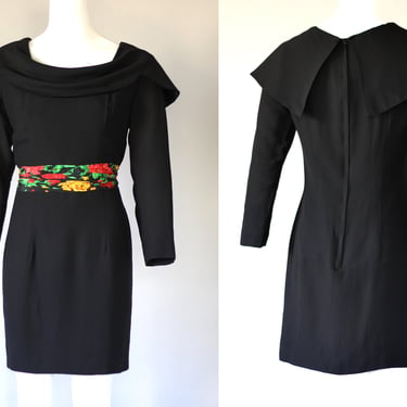 1960s Cape Collar Rayon Crepe Mini Dress - Vintage Sue Gail of California Short Black Dress - Large 