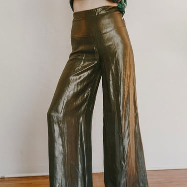 Vintage Oscar de la Renta Bronze Metallic Silk Wide Leg High Rise Trousers sz 4 S Loose Pants Gold Lamé Cocktail Shiny 