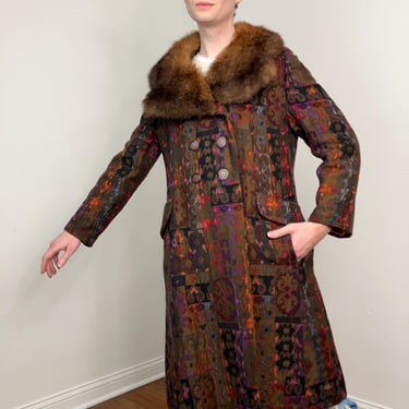 60s Glenbrooke rainbow tapestry coat with fur collar 