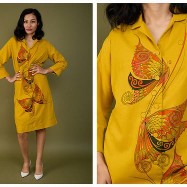 Vintage 1960s Alfred Shaheen Mustard Yellow Psychedelic Butterfly Screen Print Shift Midi Dress 