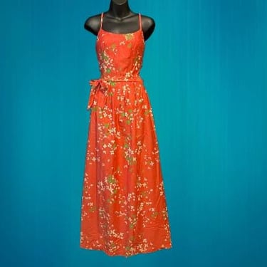 malia hawaiian maxi dress 1970's melon floral long gown medium 