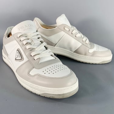 PRADA Size 11 White Grey Color Block Perforated Leather Logo Low Top Sneakers