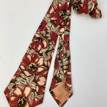 1940's-50's Vintage Tie - Cool Floral Print - All Silk Jersey - PAUL'S CRAVAT - Brown, Rust, Cream & Blush 