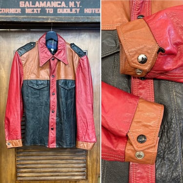 Vintage 1960’s Color Block Krazy Colors Mod Rocker Glam Leather Jacket, 60’s Snap Button Jacket, Vintage Clothing 
