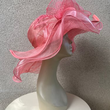 Vintage pink large brim hat organza netting floral 23” fit Wedding Derby theme by Something Special 