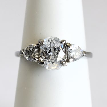 80's sterling cubic zirconia size 5.75 cocktail ring, oval & trillion CZ 925 silver engagement ring 