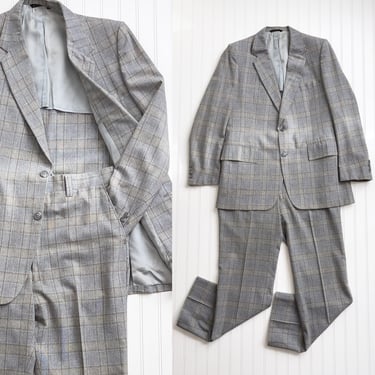 gray wool suit 70s vintage Doncaster men's plaid straight leg pantsuit 