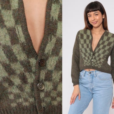 Green Checkered Cardigan -- 70s Cropped Cardigan Sweater Distressed Wool Mohair V Neck Sweater Knit Button Up Retro 1970s Vintage Small 