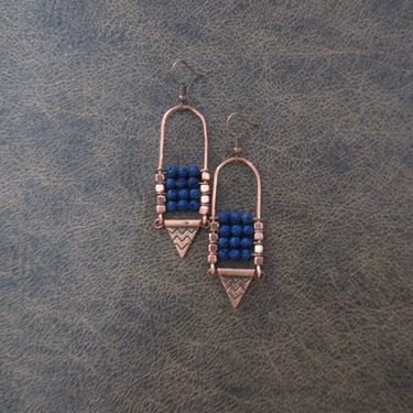 Lava rock chandelier earrings copper and blue 