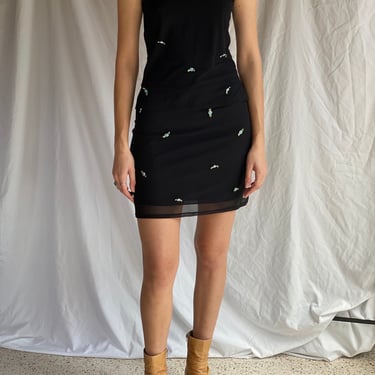 90s Rosette Mini Skirt and Tank Top Dress Set / y2k Summer Stretchy Skirt and Tank Top / Body Con / Blue rosettes Black mini dress 