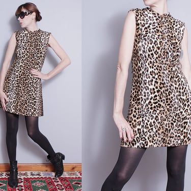 Vintage 1960's | Leopard | Animal Print | Faux Fur | Mod | Mid Century | MCM | Mini | Dress | XS/S 