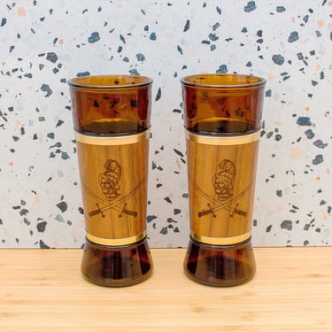 Vintage 1960s Siestaware Highball Glasses - Brown Glass & Walnut Barware Conquistador Glasses - Set/2 
