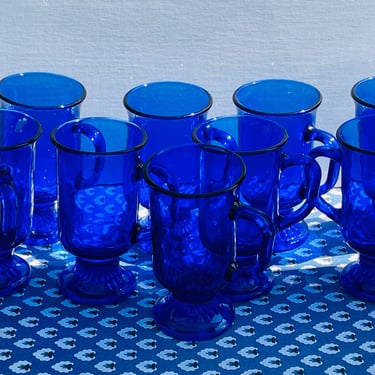 1970s Vintage Anchor Hocking Set of 9 Cobalt Blue Footed Irish Coffee/Latte Mugs- Chip Free 