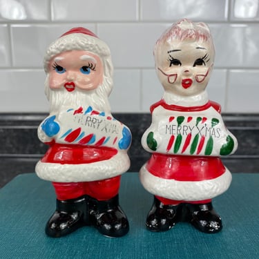 Vintage Santa and Mrs. Claus Salt & Pepper Shaker Set, Kitschy Christmas Set, Merry X'Mas Signs, Blue Eyed Santa, hand Painted Japan 