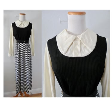 Vintage 60s Maxi Dress - Gingham Long Sleeve Collared Mod Hostess Gown - Size Large 