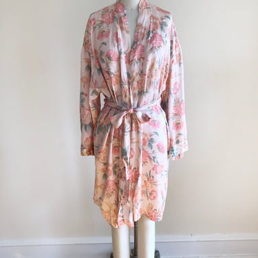 Light Pink Floral Print Silk Slip and Robe Matching Set - 1990s 