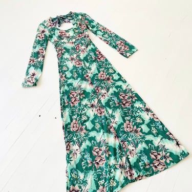 1970s Green Floral Print Jersey Maxi Dress with Keyhole Back 