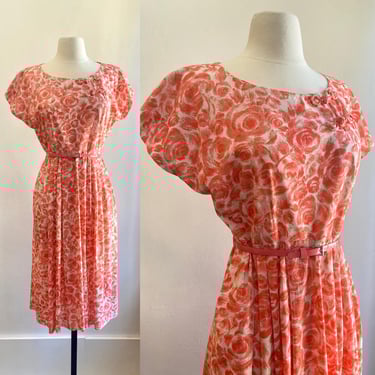 Vintage 40s 50s Dress / ROSE Print HOUSE Dress / COLD Rayon / Chinoiserie Frog Buttons + Pockets / Side Metal Zip / Casualmaker by Sy Frankl 