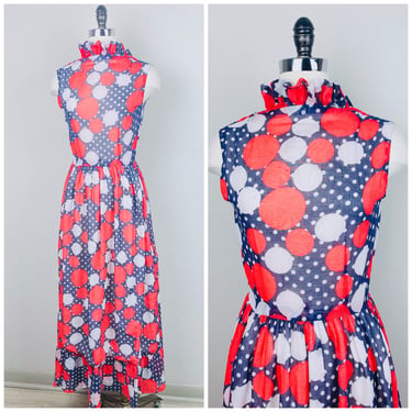1960s Vintage Red White and Blue Cotton Maxi Dress / 60s / Sixties Ruffled Collar Polka Dot Gown / size Small 