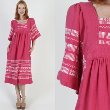 Traditional Aztec Embroidered Guatemalan Tent Dress, Zig Zag Mexican Bell Sleeves, Heavyweight Cotton Midi With Pockets 