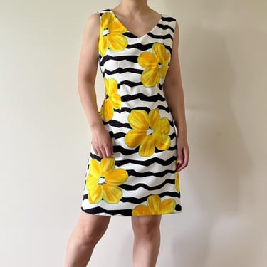 vintage dress floral dress midi dress striped dress classic market dress field dress white black yellow pencil skirt statement size S/M 