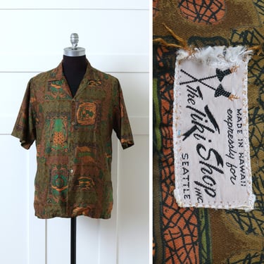 mens vintage early 1960s pineapple print Hawaiian shirt • "the tiki shop" green & orange polished cotton shirt 