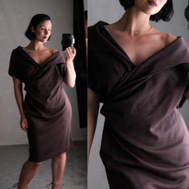 SALVATORE FERRAGAMO Brown Wool Jersey Ruche Wrap Dress w/ Wide Lapel Collar | Made in Italy | 100% Wool | 2000s Y2K FERRAGAMO Designer Dress 