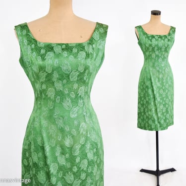 1950s Metallic Green Party Dress | 50s Green Metallic Print Sheath | Small 