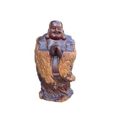 Chinese Carved Natural Jojoba Stem Brown Wood Happy Buddha Statue ws2790E 