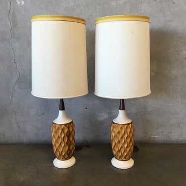 Pair of Mid Century Ochre Honeycomb Ceramic Table Lamps